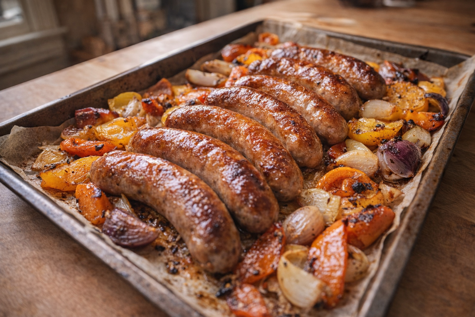 An overhead shot of perfectly baked sausages on a baking sheet, golden brown and glistening, surrounded by roasted vegetables like peppers and onions, warm natural light